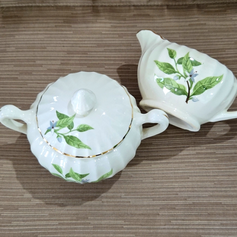 WS GEORGE China Sugar Bowl & Lid Bonus Creamer Green Leaf Orange Blossom